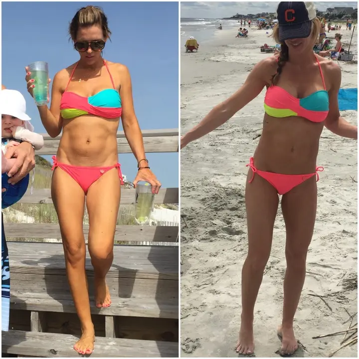 Side-by-side client photos showing beach-ready body-composition progress.