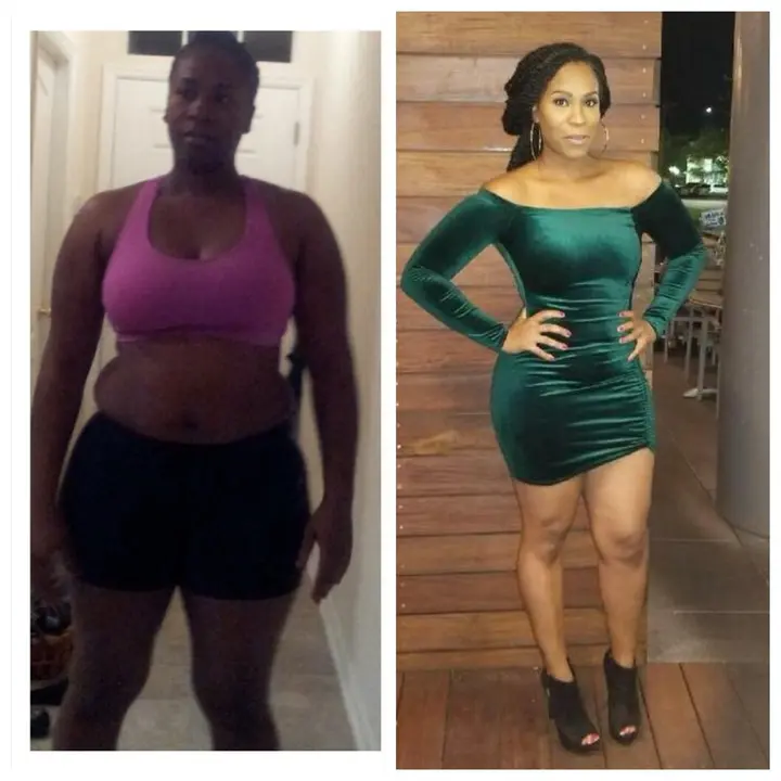 Side-by-side client photos showing body-composition progress before a special event.