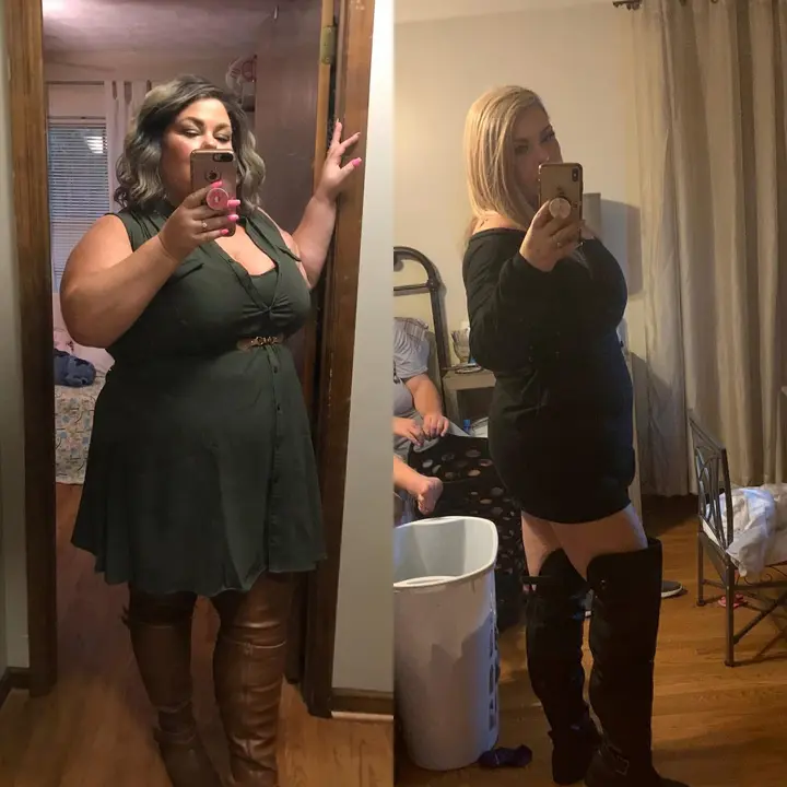 Side-by-side client photos showing weight-loss and event-ready progress.