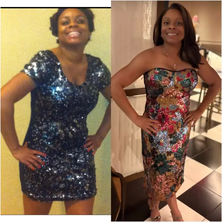 Side-by-side client photos showing event-ready body-composition progress.