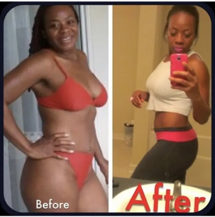 Side-by-side client photos showing visible weight-loss and waistline progress.