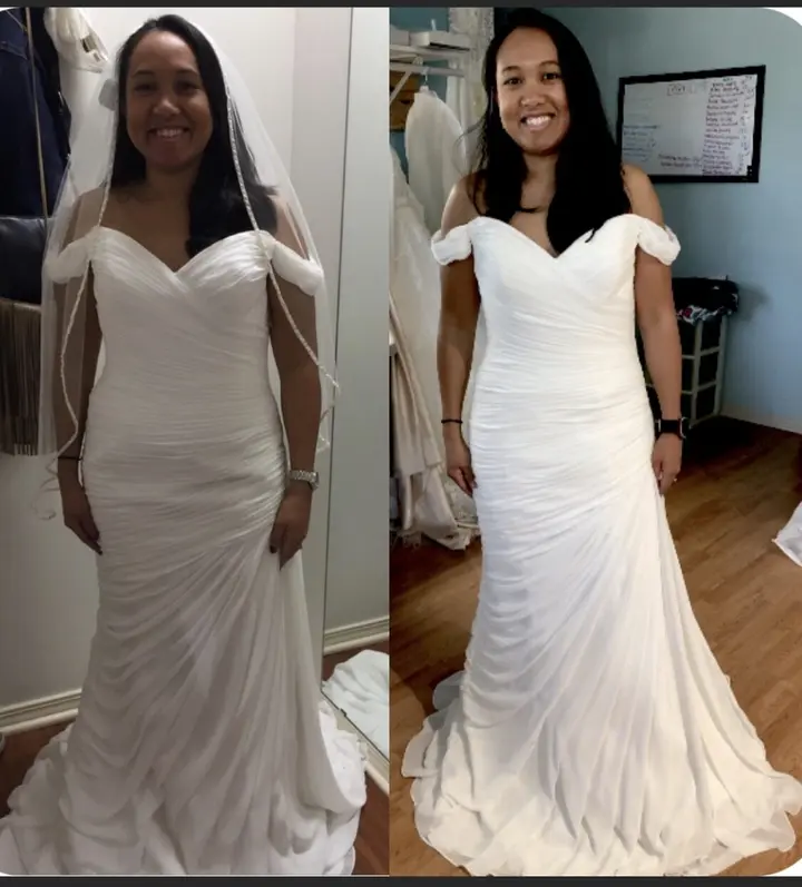 Side-by-side bridal gown photos showing wedding fitness progress.